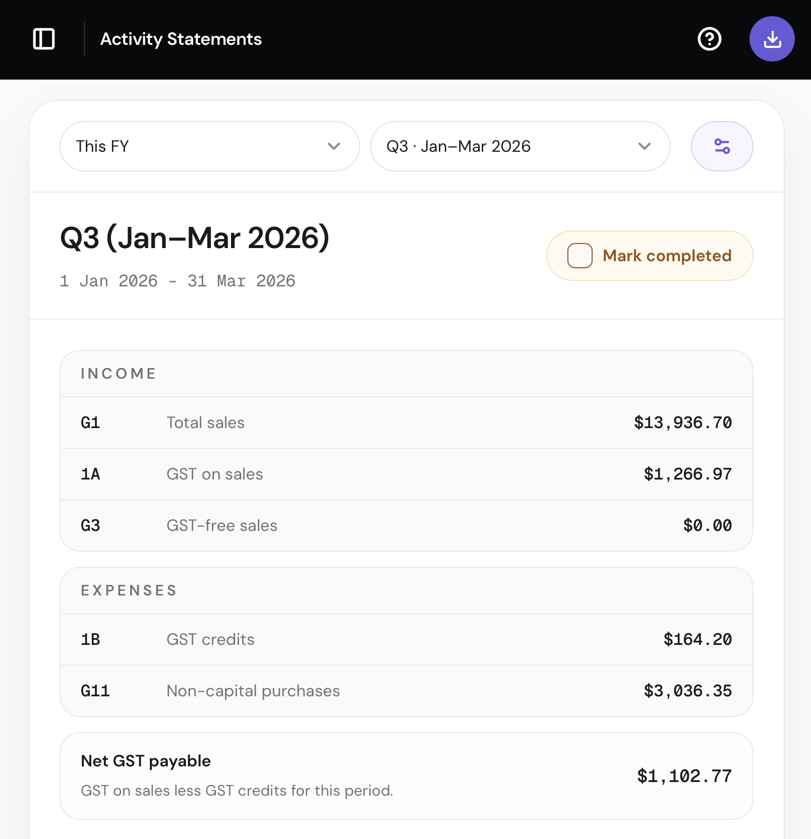Ovio BAS and GST prep view showing income, expenses, net GST payable, and checks before lodging